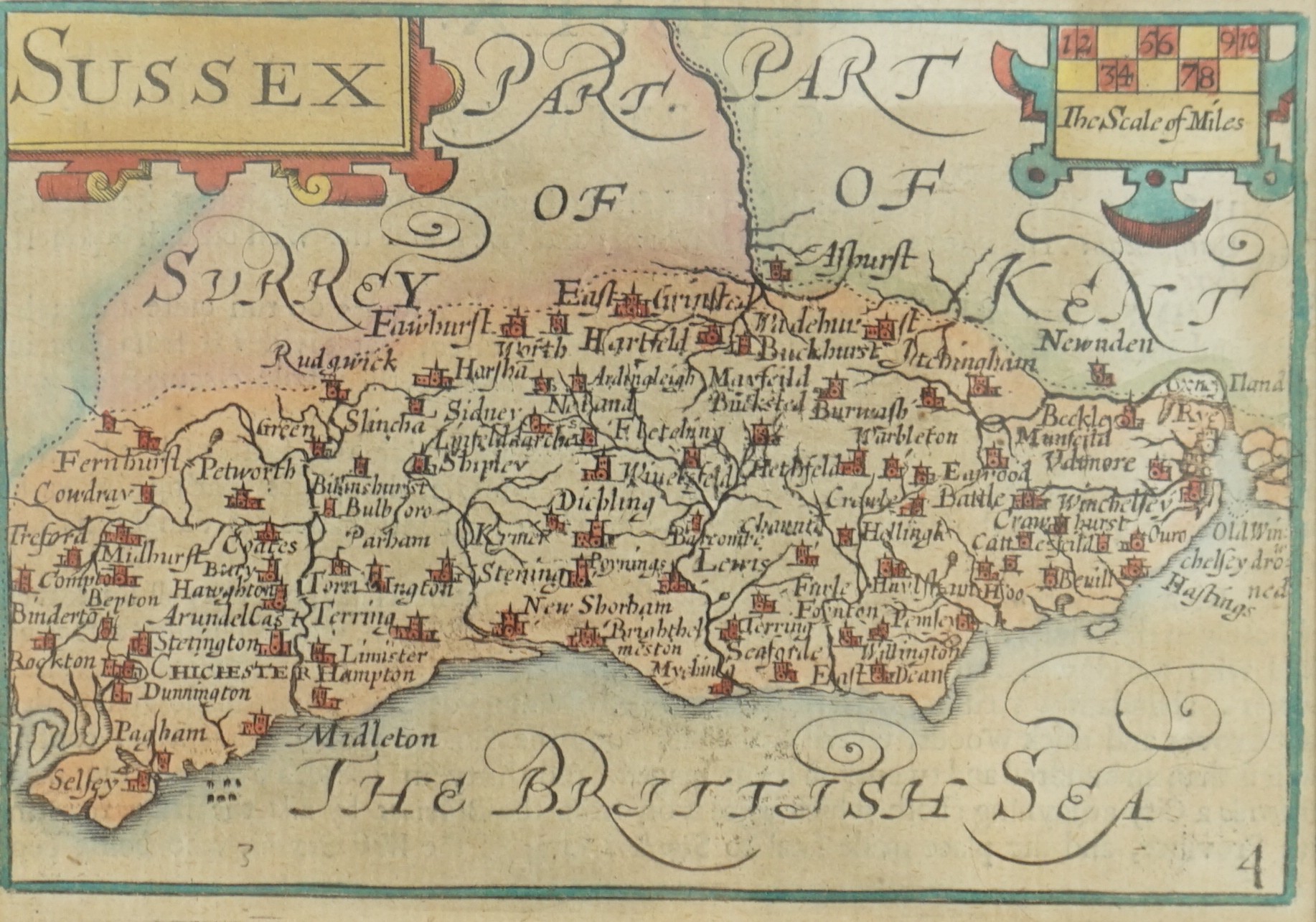 Pieter van den Keere (1571-1646), hand coloured engraving, Map of Sussex (after John Speed), published c.1627 by George Humble, 8.5 x 12.2cm, framed and glazed, Provenance: Jonathan Potter Maps Ltd